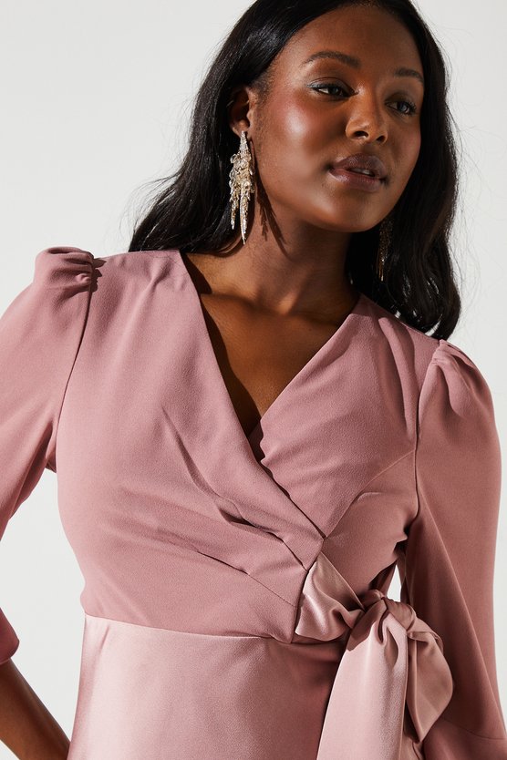 Karen Millen Satin Mix Wrap Dress Pink