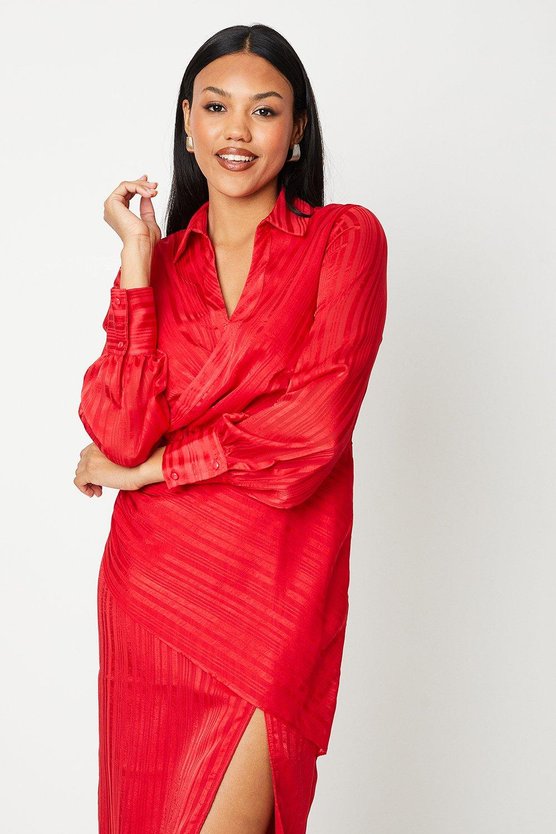 Karen Millen Satin Wrap Front Shirt Dress Red