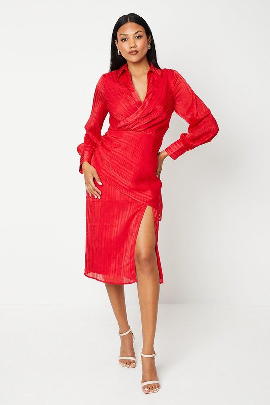 karen millen Satin Wrap Front Shirt Dress red