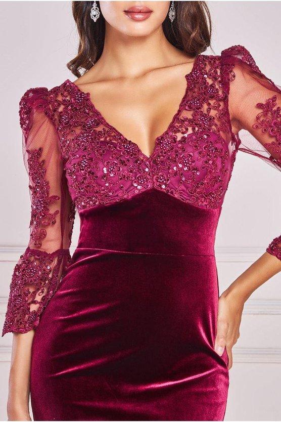 Karen Millen Scalloped Lace & Velvet Midi Wine