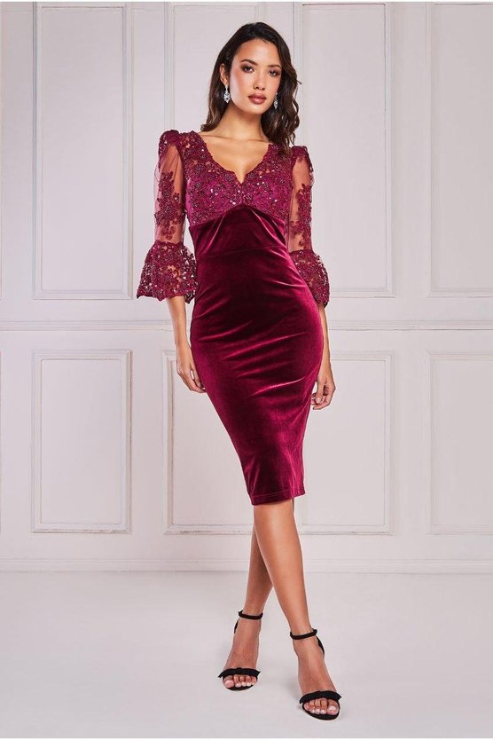 karen millen Scalloped Lace & Velvet Midi Wine