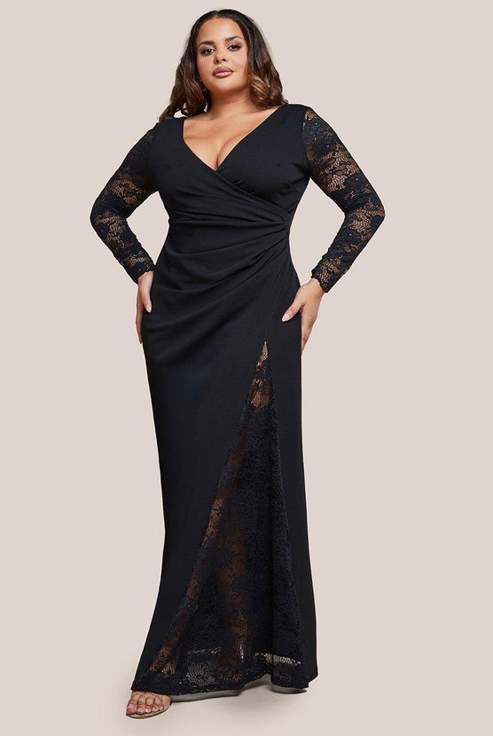 karen millen Scuba & Lace Wrap Maxi Dress Black