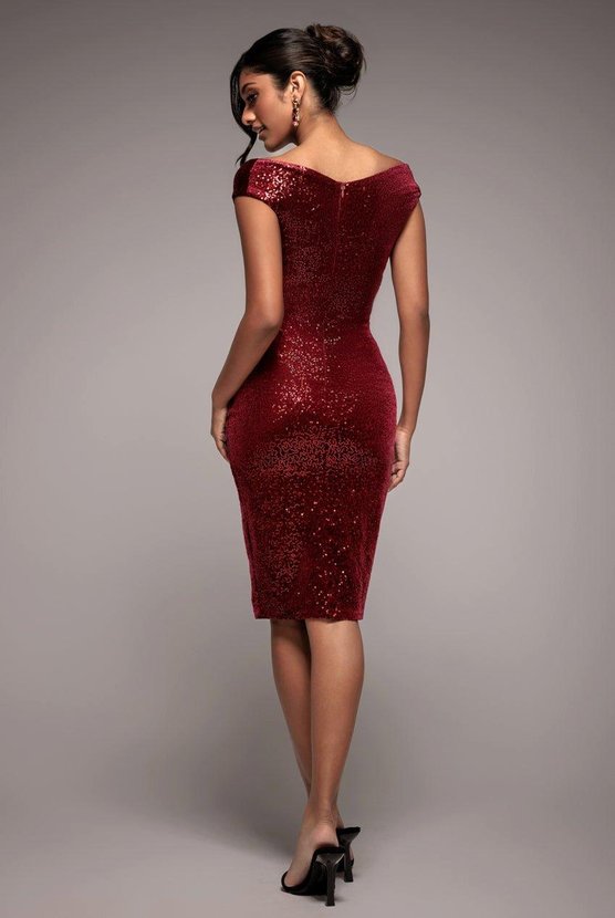 Karen Millen Sequin & Velvet Bardot Midi Dress Wine