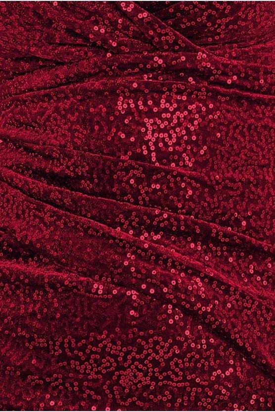 Karen Millen Sequin & Velvet Bardot Midi Dress Wine