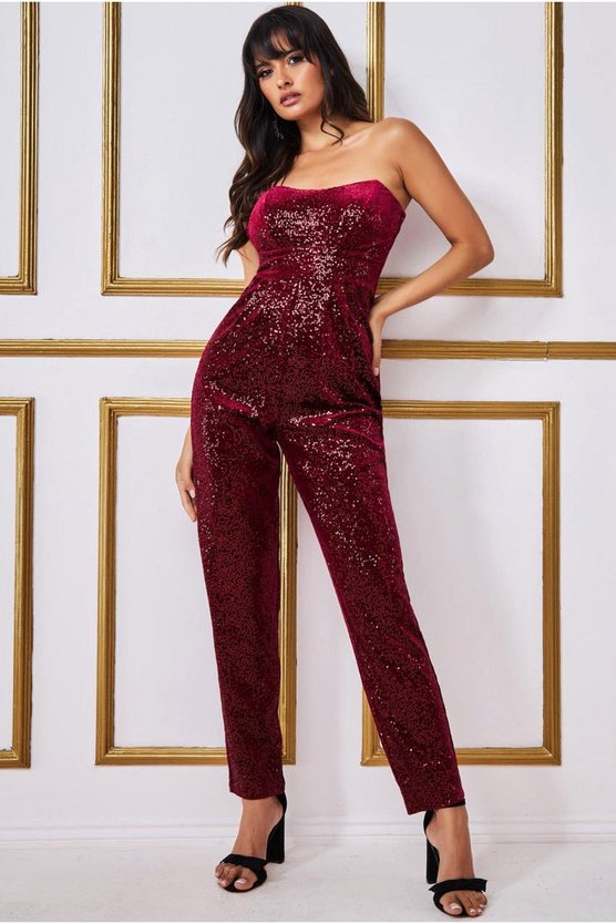 karen millen Sequin & Velvet Corset Jumpsuit Wine