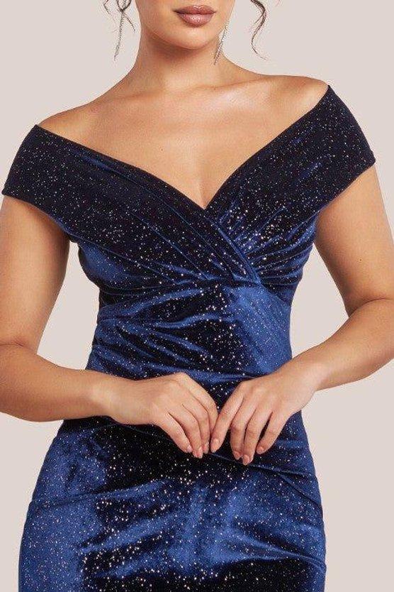 Karen Millen Shimmer Velvet Bardot Maxi Dress Navy