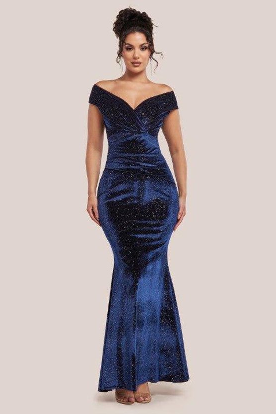 karen millen Shimmer Velvet Bardot Maxi Dress Navy