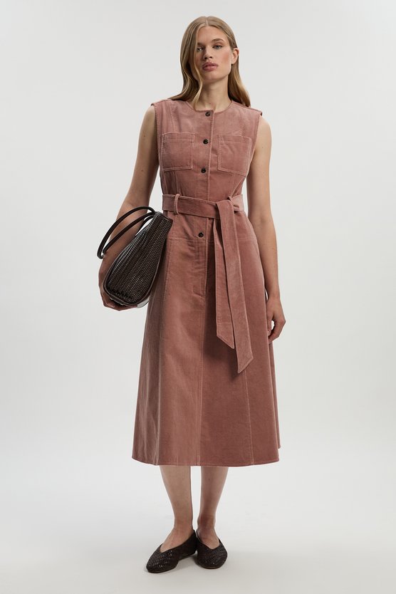 Karen Millen Stretch Cord Belted Midi Dress Pink