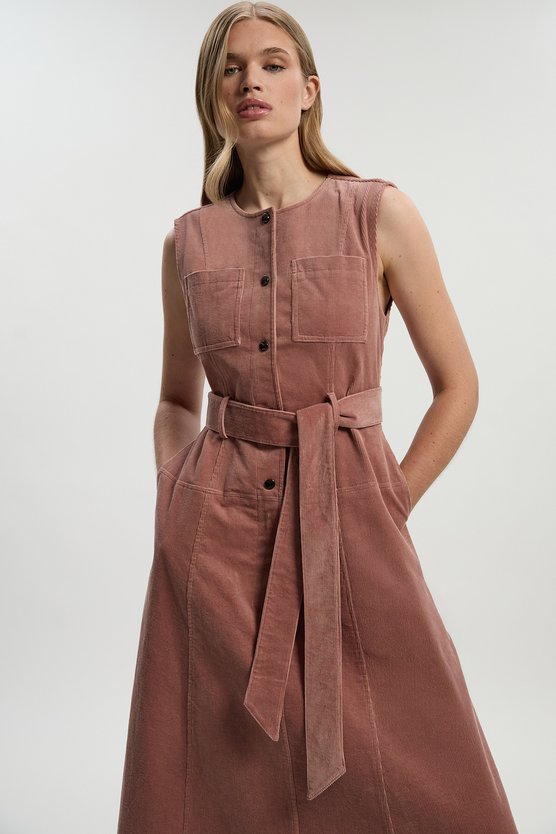 Karen Millen Stretch Cord Belted Midi Dress Pink