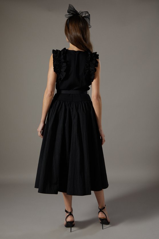 Karen Millen Taffeta Ruffle Belted Dress Black