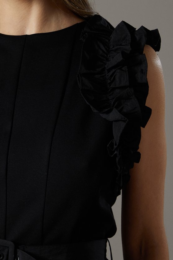 Karen Millen Taffeta Ruffle Belted Dress Black
