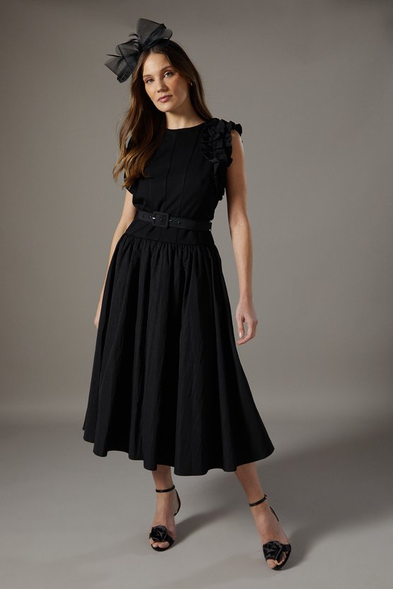 karen millen Taffeta Ruffle Belted Dress black