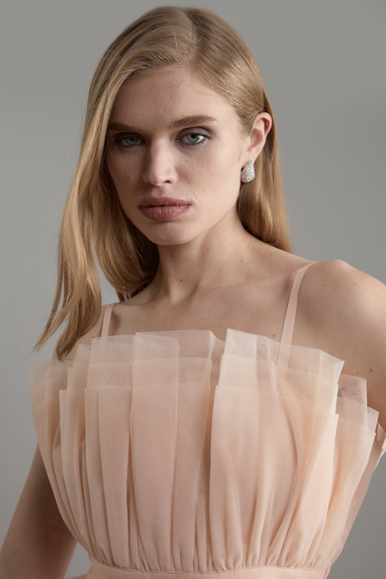 Karen Millen Tulle Bandeau Tiered Midi Dress Blush