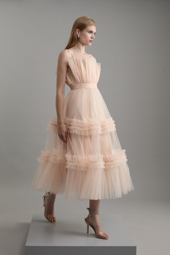 Karen Millen Tulle Bandeau Tiered Midi Dress Blush