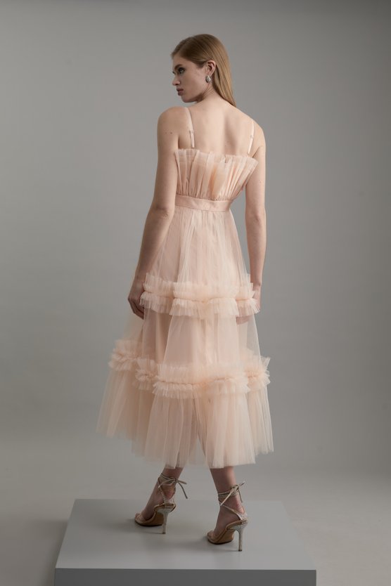 Karen Millen Tulle Bandeau Tiered Midi Dress Blush