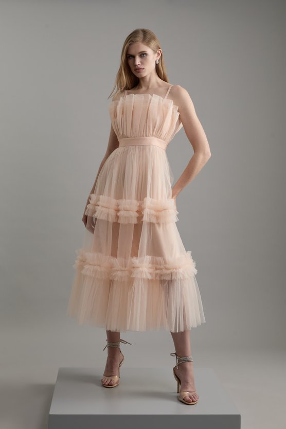 karen millen Tulle Bandeau Tiered Midi Dress blush