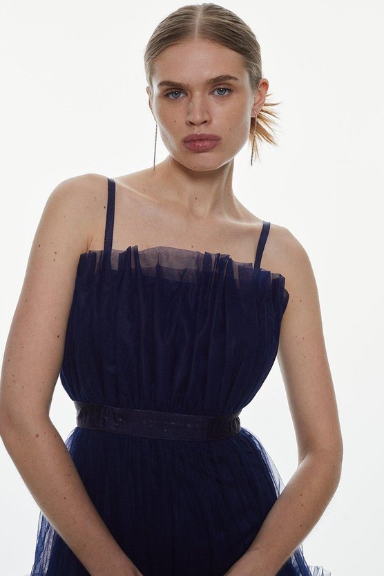 Karen Millen Tulle Bandeau Tiered Midi Dress Navy