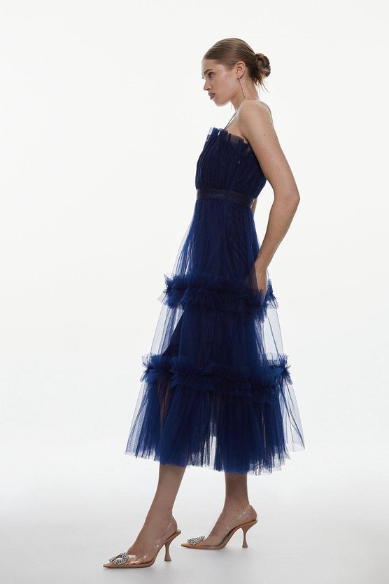 Karen Millen Tulle Bandeau Tiered Midi Dress Navy