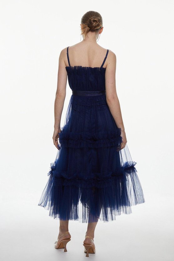 Karen Millen Tulle Bandeau Tiered Midi Dress Navy