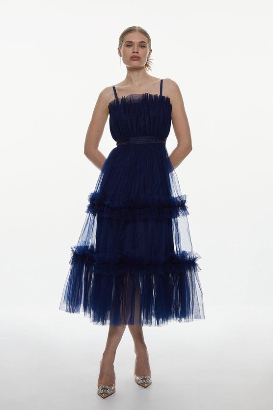 karen millen Tulle Bandeau Tiered Midi Dress navy