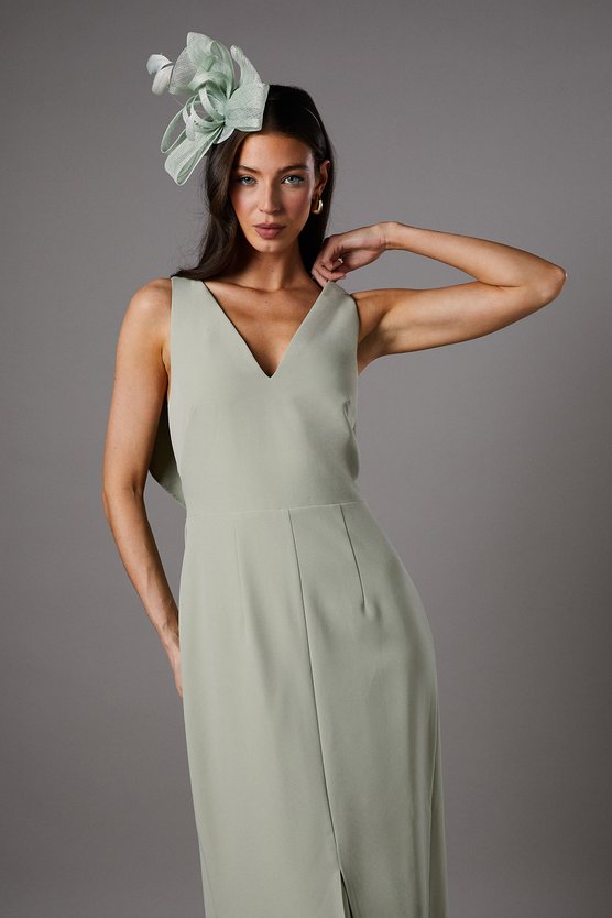 Karen Millen V Neck Crepe Column Midi Dress Sage