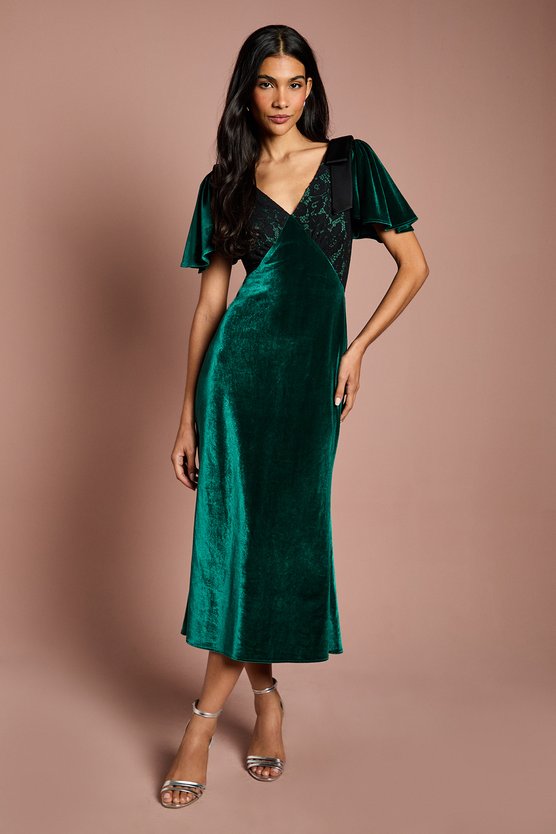 karen millen Velvet Lace Mix Midi Dress emerald