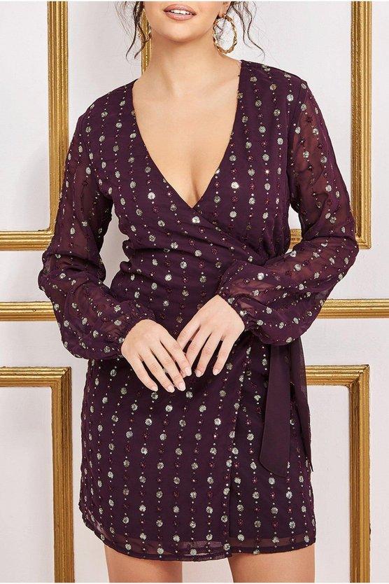 Karen Millen Wrap Over Sequin Mini Wine