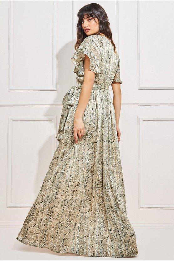 Karen Millen Wrap Printed Chiffon Maxi Dress Nude