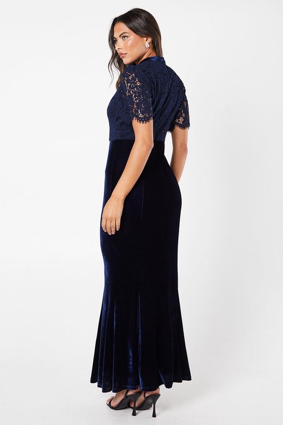 Karen Millen Lace Bodice Keyhole Detail Velvet Skirt Maxi Dress