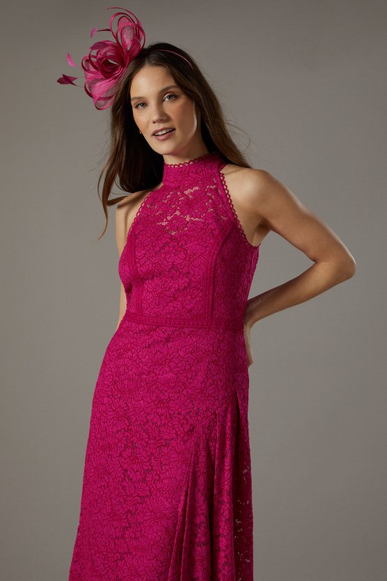 Karen Millen Lace Halter Fit And Flare Dress Magenta