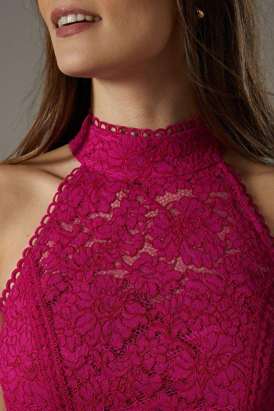 Karen Millen Lace Halter Fit And Flare Dress Magenta