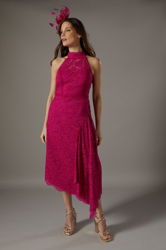 karen millen Lace Halter Fit And Flare Dress magenta