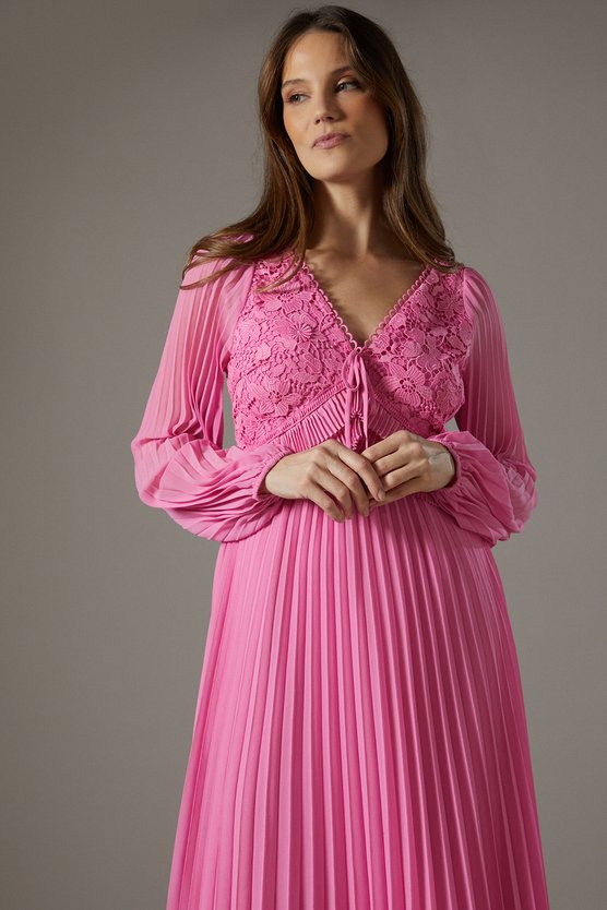 Karen Millen Lace Insert Long Sleeve Pleat Dress Pink