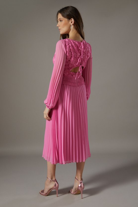Karen Millen Lace Insert Long Sleeve Pleat Dress Pink