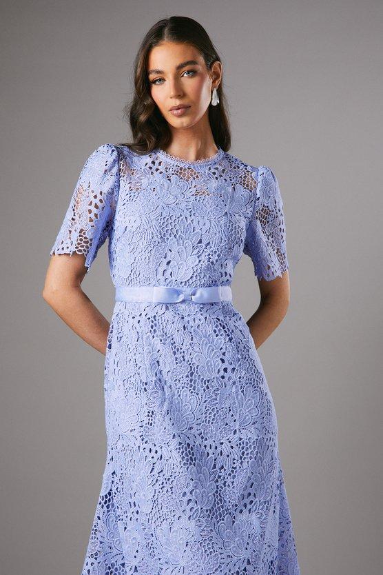Karen Millen Lace Midi Dress With Bow Belt Lavender