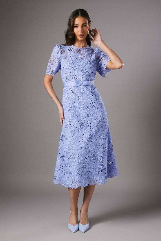 karen millen Lace Midi Dress With Bow Belt lavender