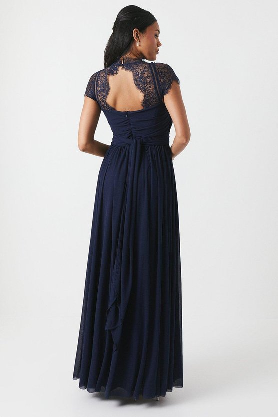 Karen Millen Lace Top Wrap Waist Chiffon Bridesmaid Dress Navy