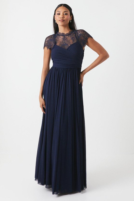 karen millen Lace Top Wrap Waist Chiffon Bridesmaid Dress navy