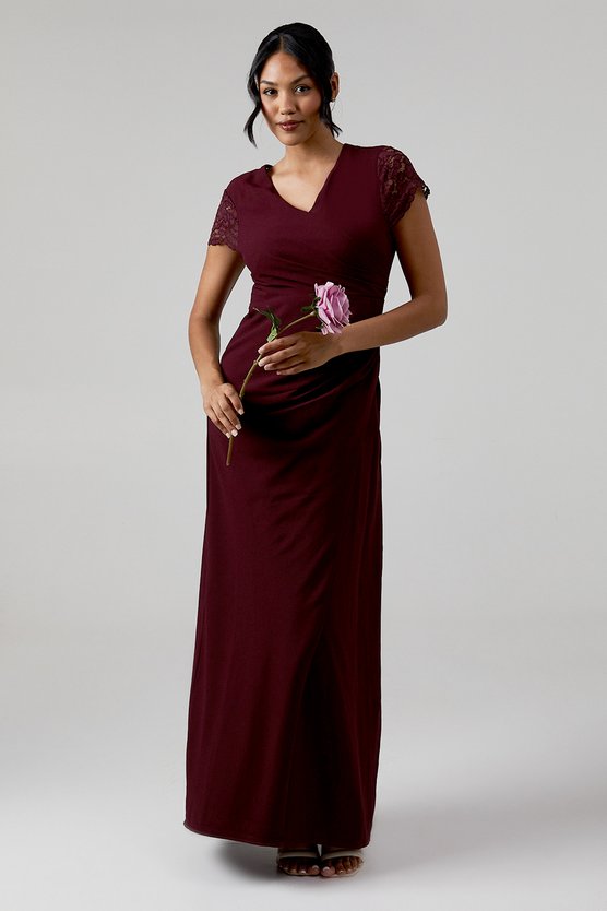 karen millen Lace Wrap Over Crepe Bridesmaid Maxi Dress malbec