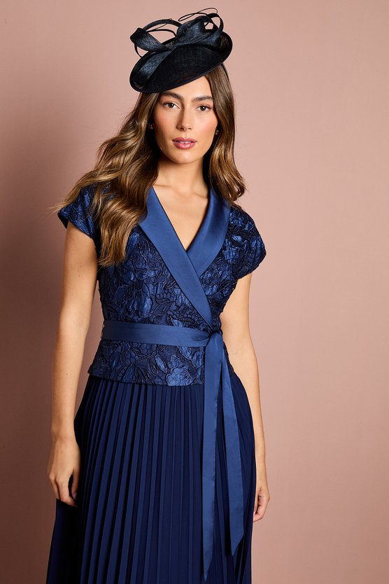 Karen Millen Lace Wrap Top Pleat Tux Midi Dress Navy