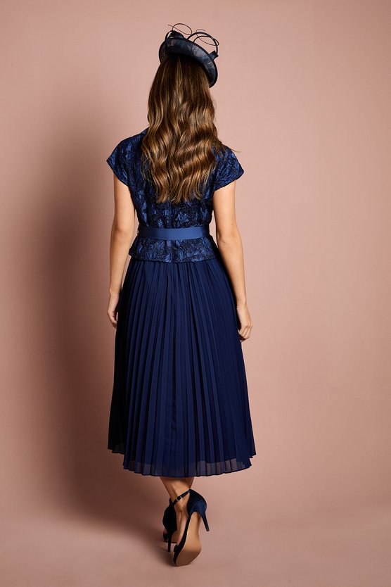 Karen Millen Lace Wrap Top Pleat Tux Midi Dress Navy