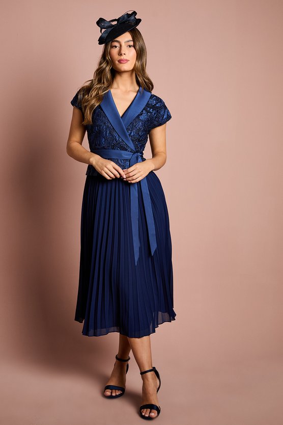 karen millen Lace Wrap Top Pleat Tux Midi Dress navy