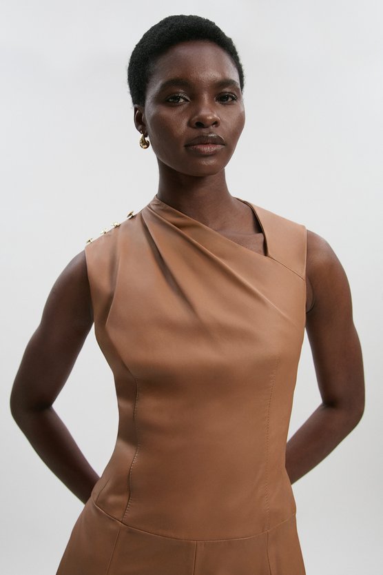 Karen Millen Leather Asymmetric Neck Full Skirt Midi Dress Camel