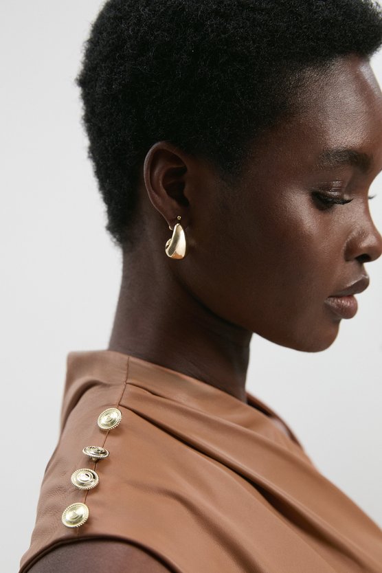 Karen Millen Leather Asymmetric Neck Full Skirt Midi Dress Camel