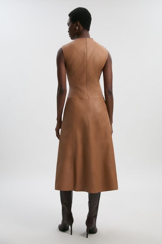 Karen Millen Leather Asymmetric Neck Full Skirt Midi Dress Camel