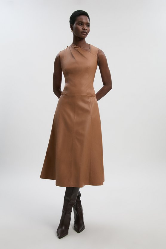 karen millen Leather Asymmetric Neck Full Skirt Midi Dress camel