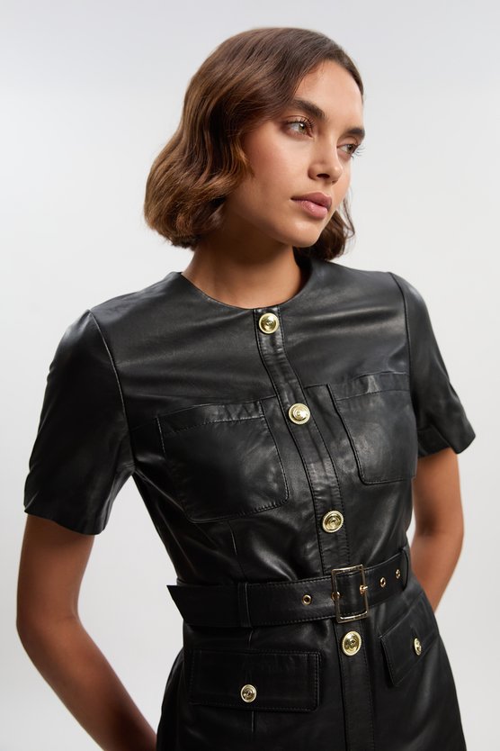 Karen Millen Leather Pocket Belted Mini Dress Black
