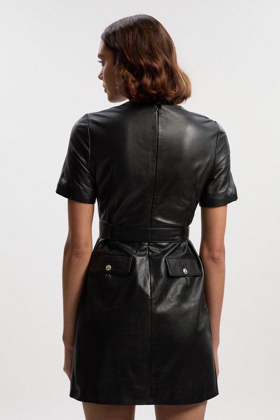 Karen Millen Leather Pocket Belted Mini Dress Black