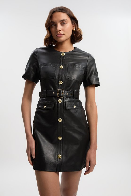 karen millen Leather Pocket Belted Mini Dress black