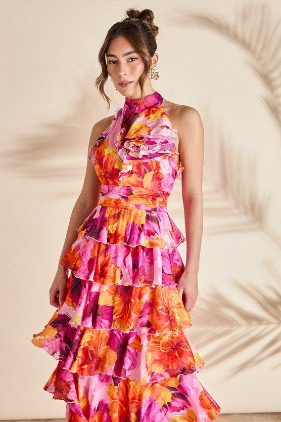 Karen Millen Lilac And Orange Halter Ruffle Dress Lilac